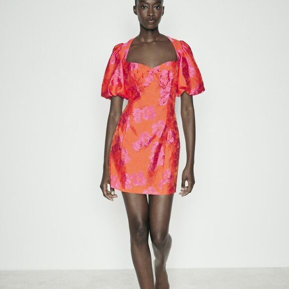 NWT ZARA PUFF SLEEVE JACQUARDβMINI DRESS Fuchsia | 8072/54 - Picture 15 of 16